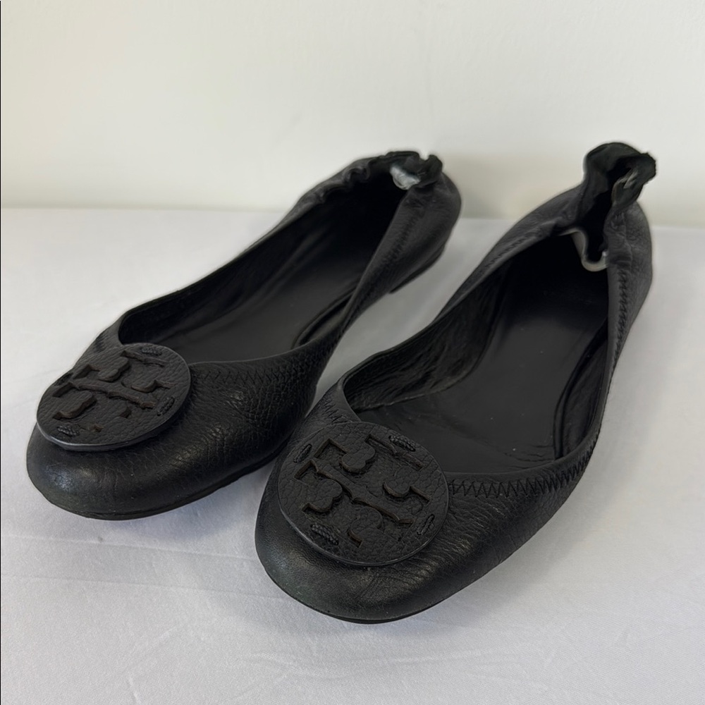 Tory Burch Black Leather Reva Logo Ballet Flats
